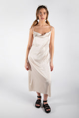 Beige Midi Satin Slip Dress 