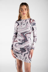 Pink Marble Print Ruched Bodycon Dress