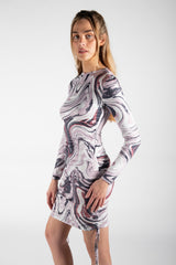 Pink Marble Print Ruched Bodycon Dress