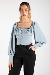 Light Blue Woven Corset Detail Blouse