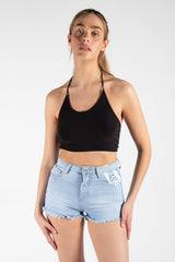 Black Slinky Spaghetti Strap Halterneck Crop Top 