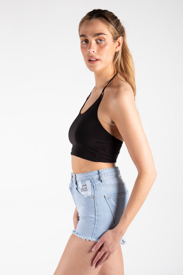 Black Slinky Spaghetti Strap Halterneck Crop Top 