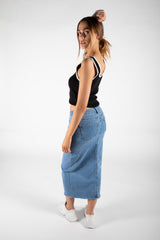 Blue Denim Midi Split Front Denim Skirt