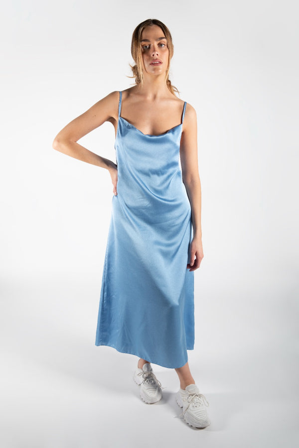 Sky Blue Midi Satin Slip Dress