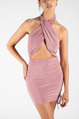 Pink Slinky Ruched Halter Neck Mini Dress