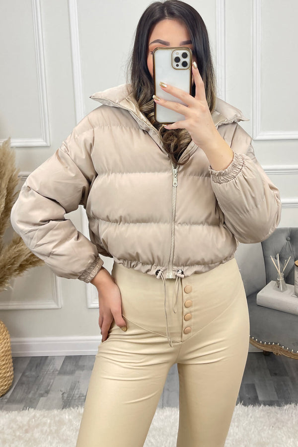 Stone Cropped Drawstring Puffer Jacket