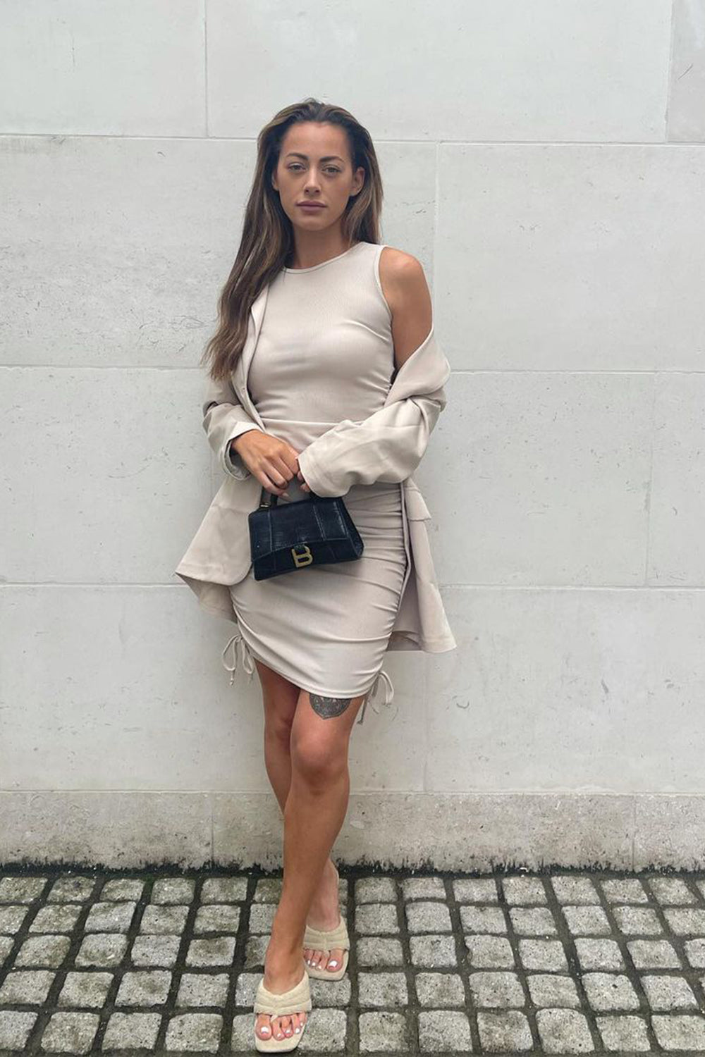Stone Ribbed Side Ruched Drawstring Bodycon Dress