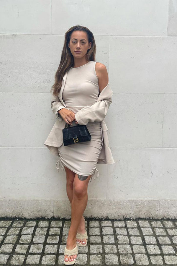 Stone Ribbed Side Ruched Drawstring Bodycon Dress 