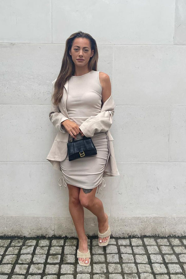 Stone Ribbed Side Ruched Drawstring Bodycon Dress 