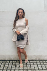 Stone Ribbed Side Ruched Drawstring Bodycon Dress 