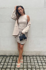 Stone Ribbed Side Ruched Drawstring Bodycon Dress 