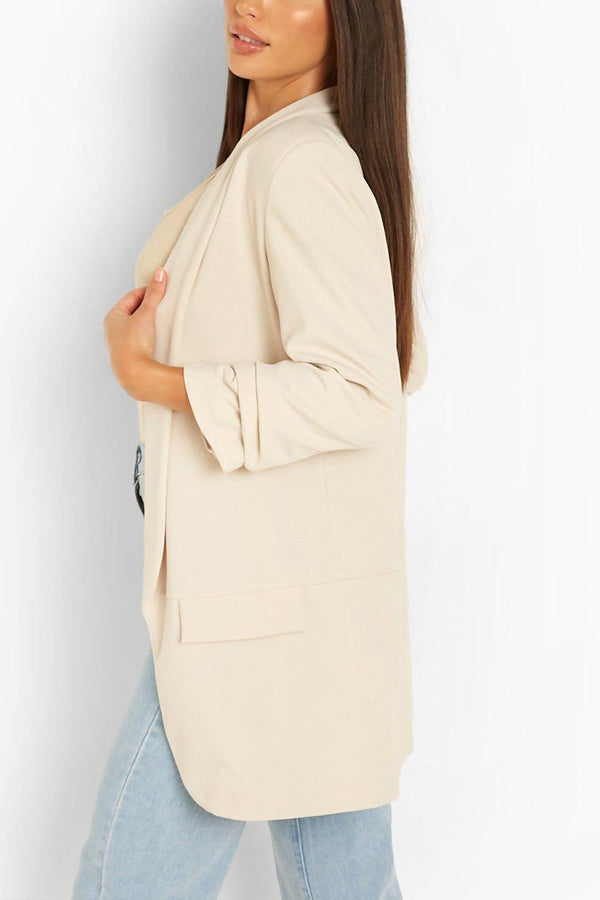 Beige Pink Ruched Sleeve Blazer 