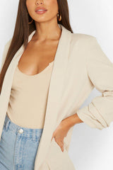 Beige Pink Ruched Sleeve Blazer 