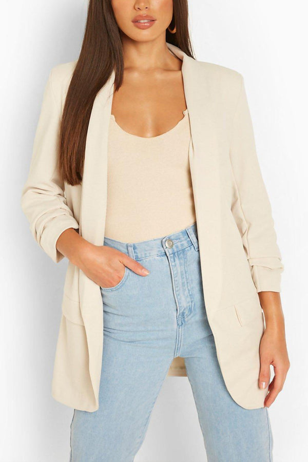 Beige Pink Ruched Sleeve Blazer 