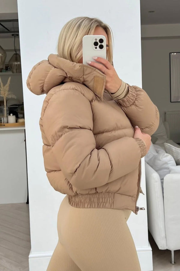 Beige Short Zipper Up Hooded Puffer Coat