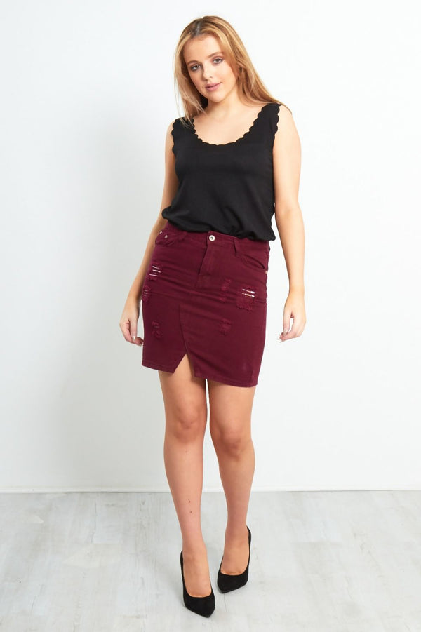 Wine Distressed Denim Skirt