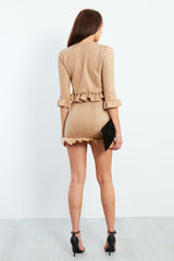 Camel Faux Suede Frill Hem Jacket And Skirt Set