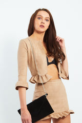 Camel Faux Suede Frill Hem Jacket