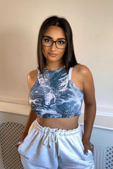 Teal Marble Print Ribbed Crop Tank Top 