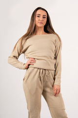 Beige loungewear knitted joggers and jumper set