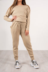 Beige loungewear knitted joggers and jumper set