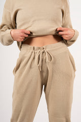 Beige loungewear knitted joggers and jumper set