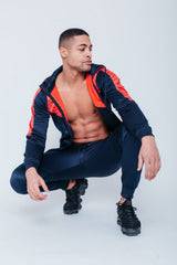 Mens Navy Chevron Panel Hooded Skinny Tracksuit