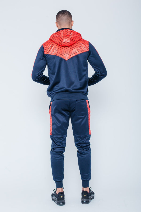 Mens Navy Chevron Panel Hooded Skinny Tracksuit
