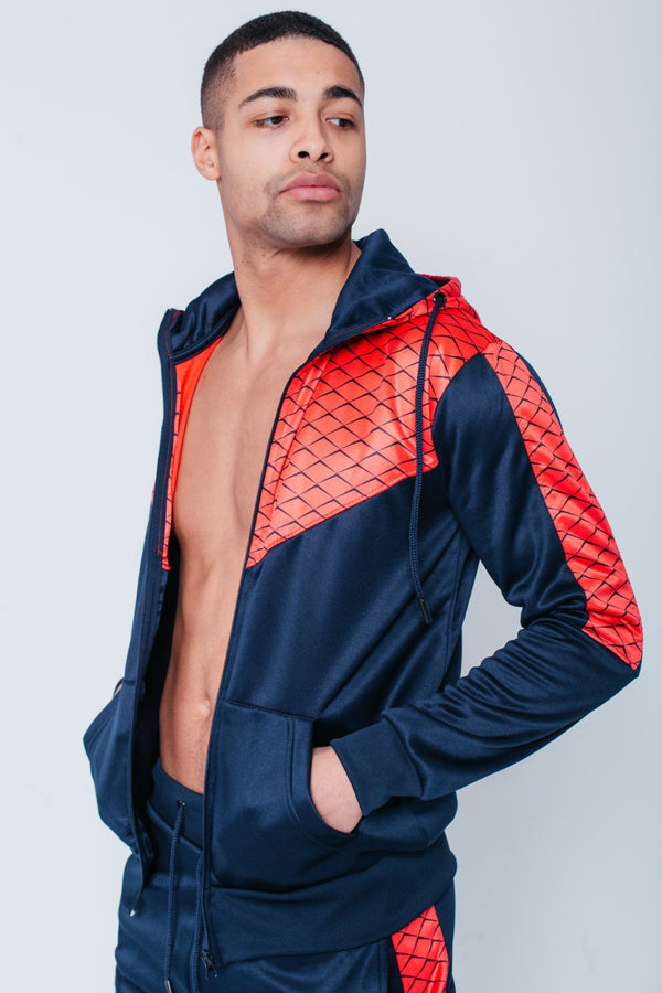 Mens Navy Chevron Panel Hooded Skinny Tracksuit