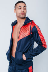 Mens Navy Chevron Panel Hooded Skinny Tracksuit