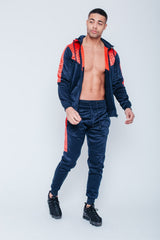 Mens Navy Chevron Panel Hooded Skinny Tracksuit
