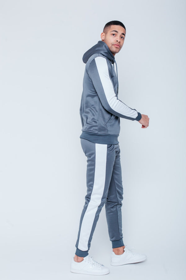 Mens Grey Pull Through Contrast Tape Hooded Tracksuit