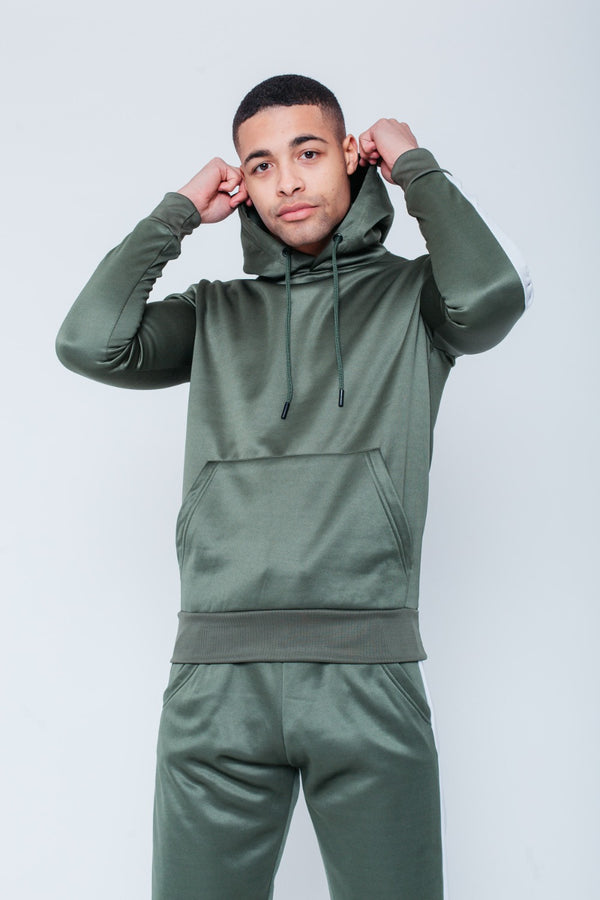 Mens Sage Green Pull Through Contrast Tape Hooded Tracksuit