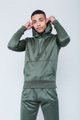 Mens Sage Green Pull Through Contrast Tape Hooded Tracksuit