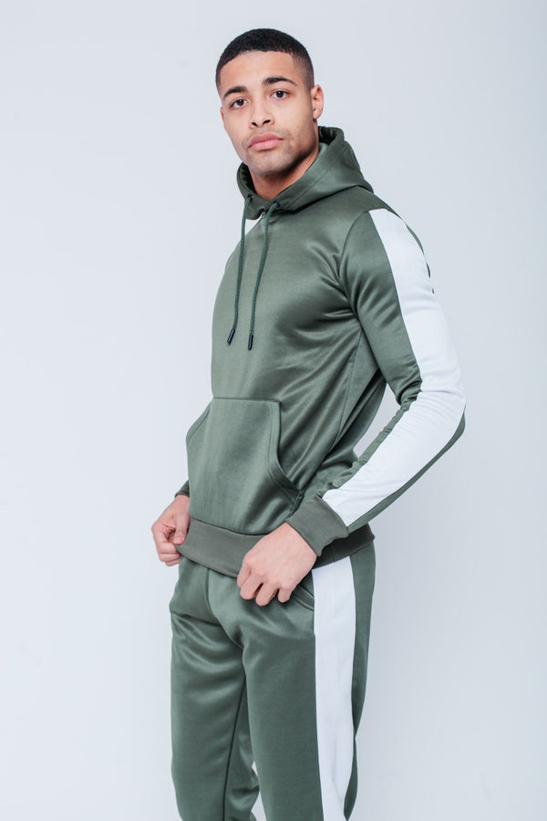 Mens Sage Green Pull Through Contrast Tape Hooded Tracksuit