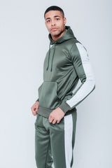 Mens Sage Green Pull Through Contrast Tape Hooded Tracksuit