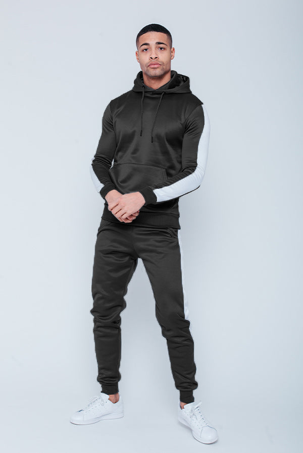Mens Black Pull Through Contrast Tape Hooded Tracksuit