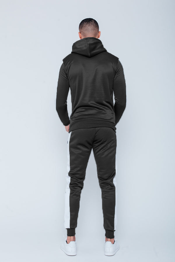 Mens Black Pull Through Contrast Tape Hooded Tracksuit