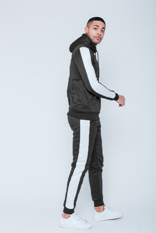 Mens Black Pull Through Contrast Tape Hooded Tracksuit
