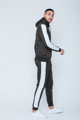 Mens Black Pull Through Contrast Tape Hooded Tracksuit