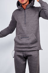 Mens Charcoal Drawstring Hem Detail Half Zip Hooded Tracksuit