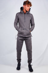 Mens Charcoal Drawstring Hem Detail Half Zip Hooded Tracksuit