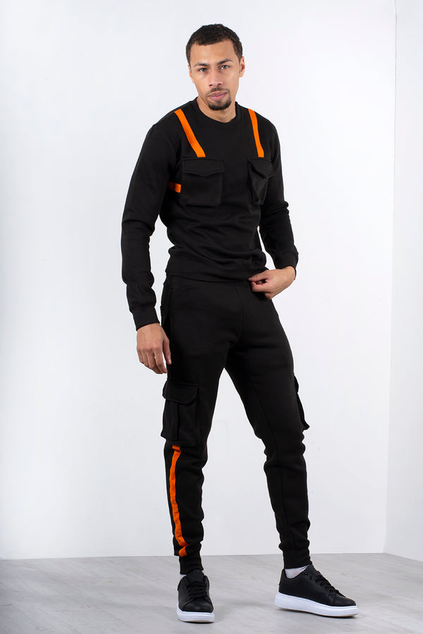 Black Contrast Strap Cargo Tracksuit