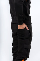 Black Contrast Strap Cargo Tracksuit