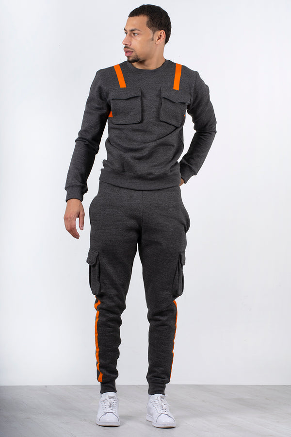Charcoal Contrast Strap Cargo Tracksuit