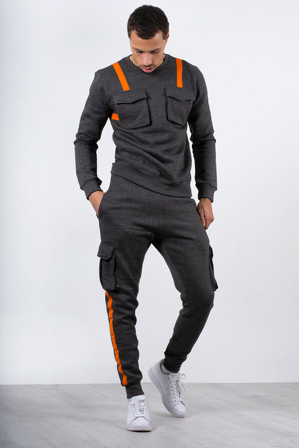 Charcoal Contrast Strap Cargo Tracksuit