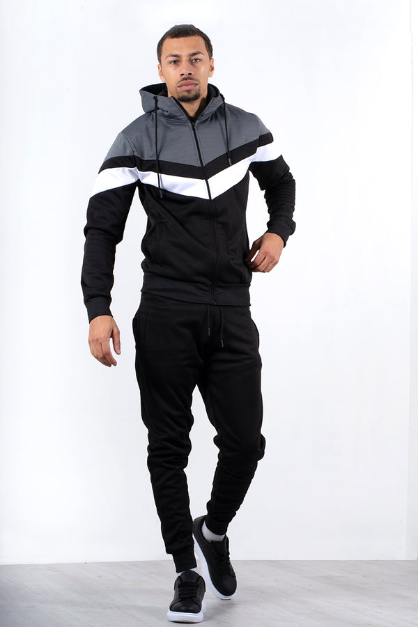 Mens Black Colourblock Chevron Hooded Tracksuit