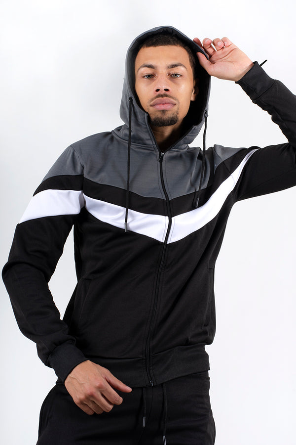 Mens Black Colourblock Chevron Hooded Tracksuit