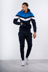 Mens Navy Colourblock Chevron Hooded Tracksuit