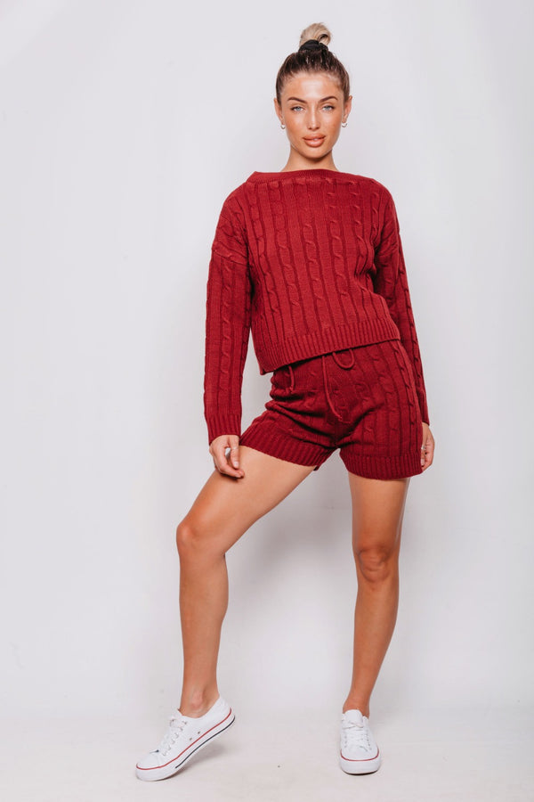 Wine Cable Knit Jumper & Shorts Lounge Set